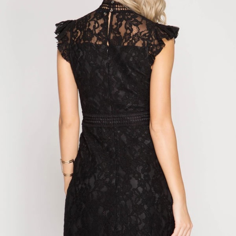 Black Floral Lace Ruffled Sleeve Floral Dress - Picture 8 of 8